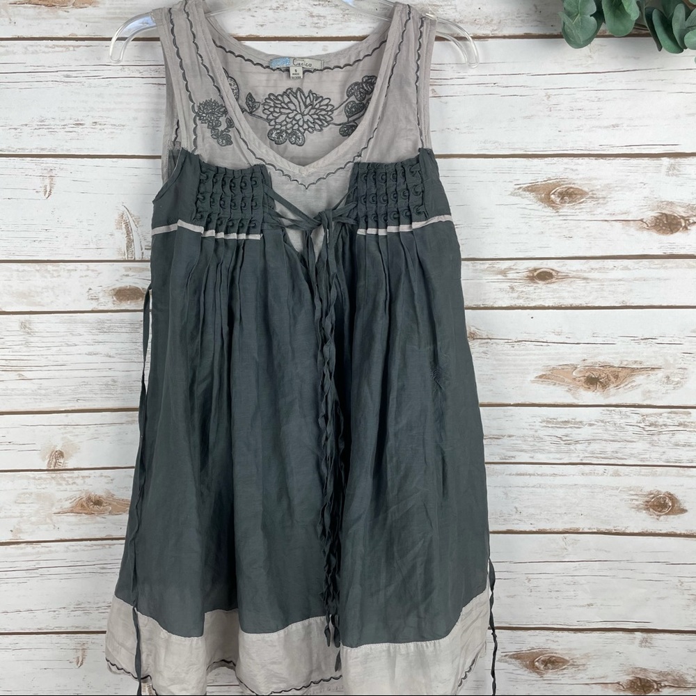 CECICO Embroidered Gray Sleeveless Top Silk/Cotton